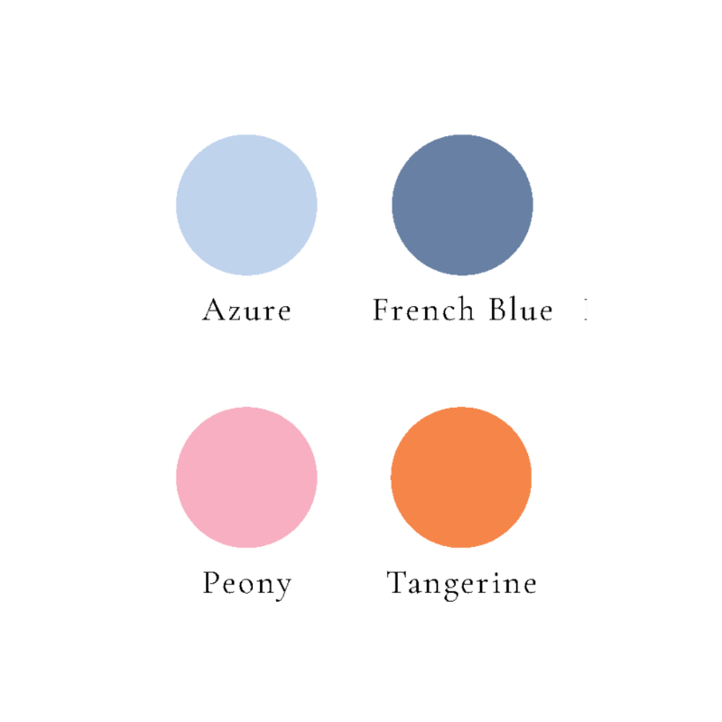azure, French blue, peony, and tangerine