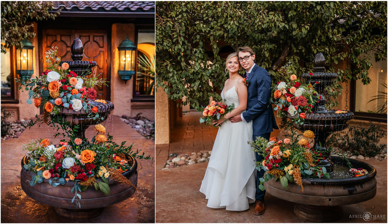 Beautiful Orange Floral Fountain Decor at Villa Parker Mediterranean Wedding Venue