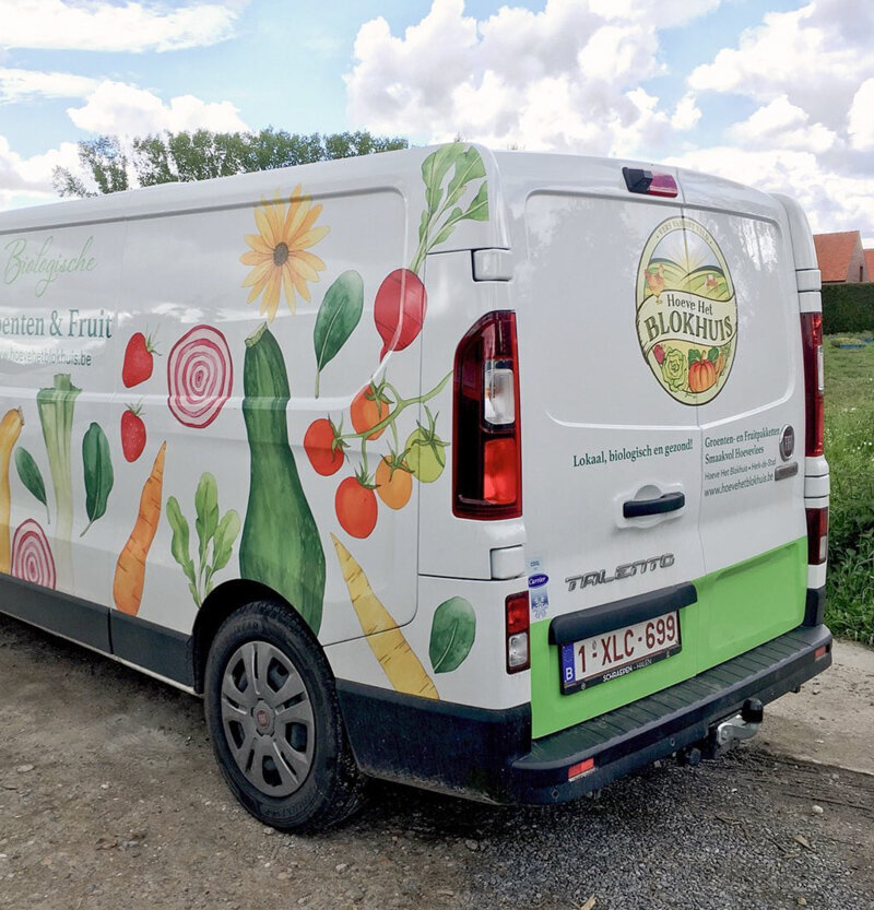 delivery van design with illustrated vegetables