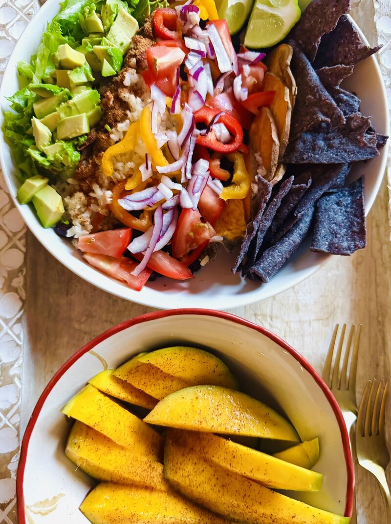 gluten-free and dairy-free taco bowl with chili mango