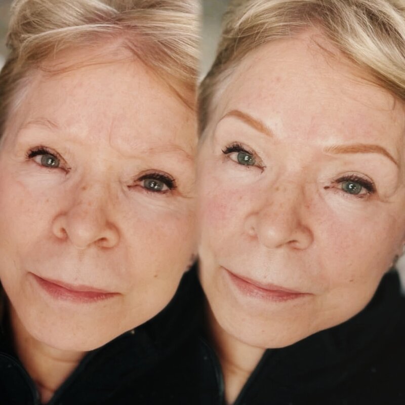 Before and after of permanent cosmetics eyebrow enhancement on a mature client in Bethel, CT.