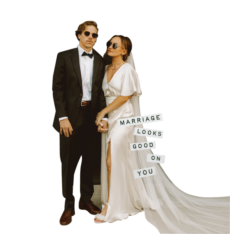 Bride and groom pose with sunglasses on their faces for chic portrait photo