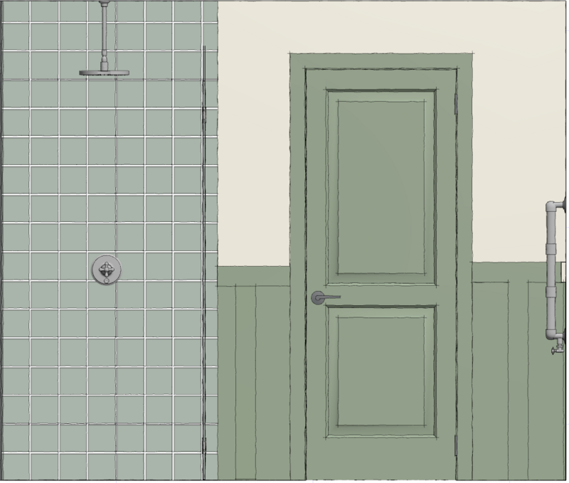attic bathroom. green board and batten design. green shower tile. french manor home kitchen elevation. brick mantel hood. cape charles interior designer. ex-pat interior design. agen'd aveyron designer. 
