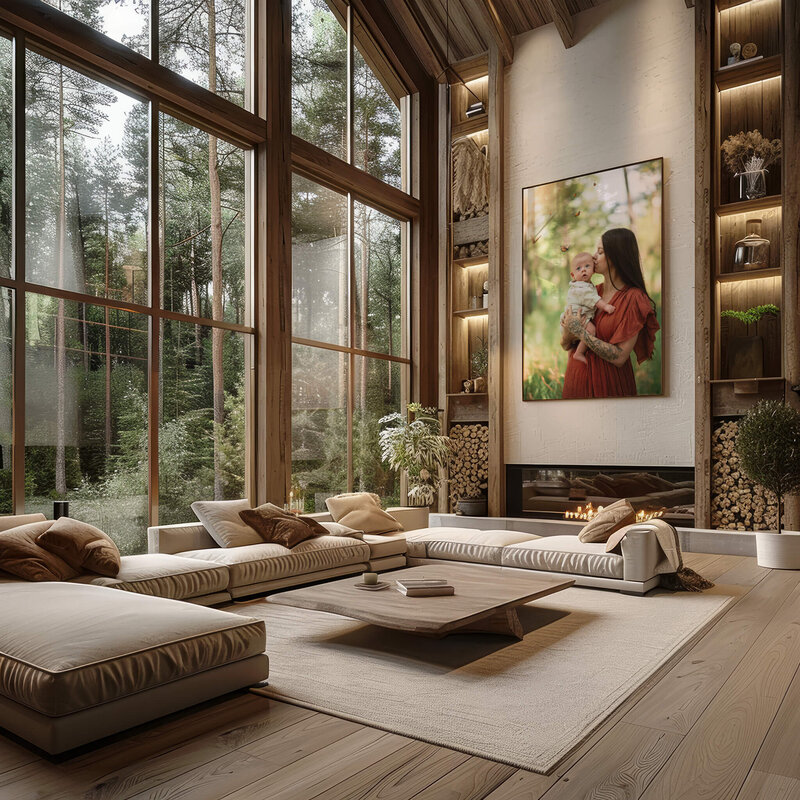 A large living room with plenty of large windows has a large sectional sofa. On the wall to the right is a large portrait of a mother and son. They are in a warm embrace while surrounded by butterflies.