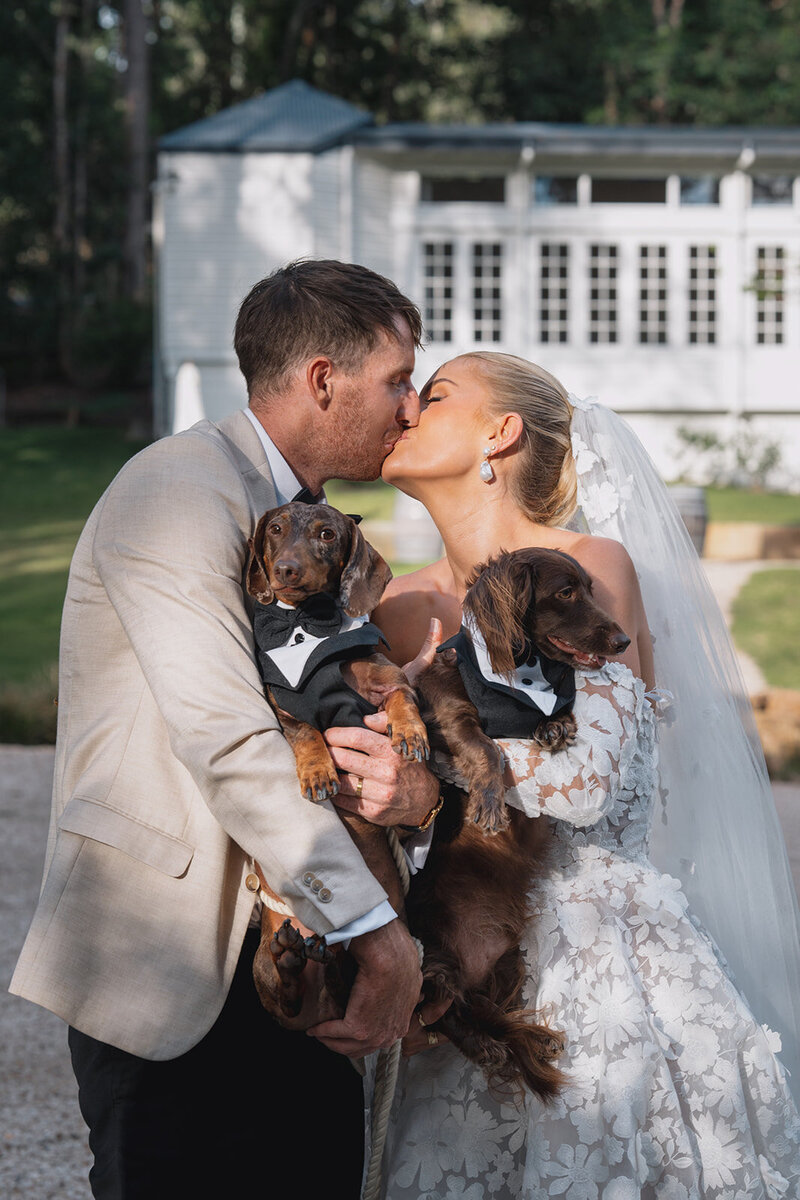 Kwila Lodge Bride and Groom with Dogs Sunset