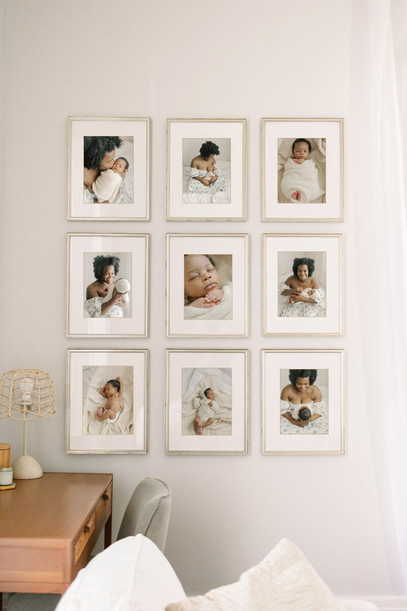 nine 8x10 matted and custom framed newborn photos, designed by seattle newborn photographer.