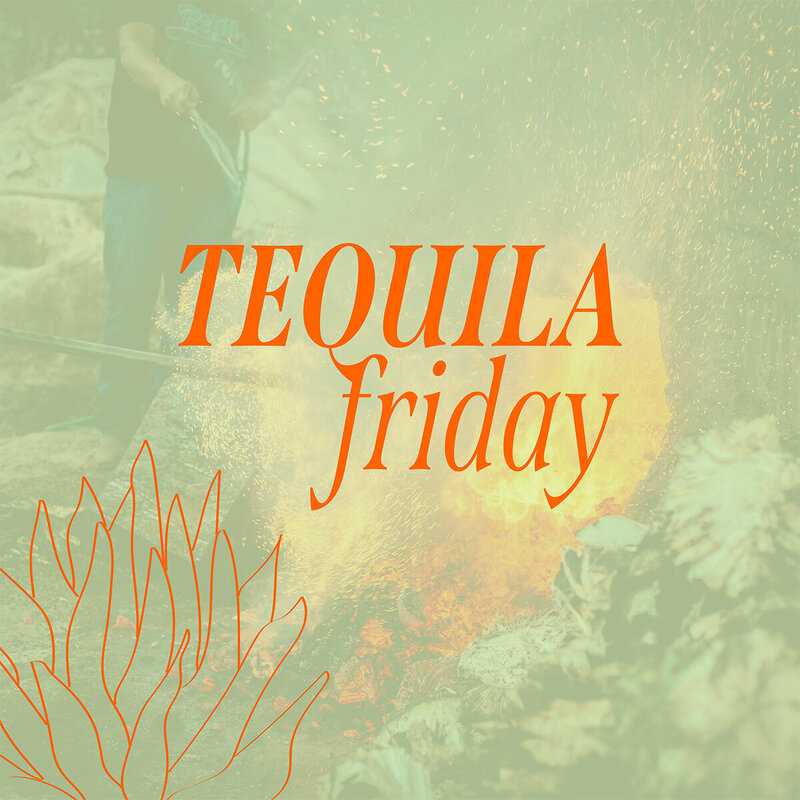 Tequila Friday branding shown on a image of someone burning agave