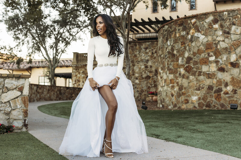 Beautiful bride showing a little leg in sexy shot at the Bella Collina venue in Monteverde Florida