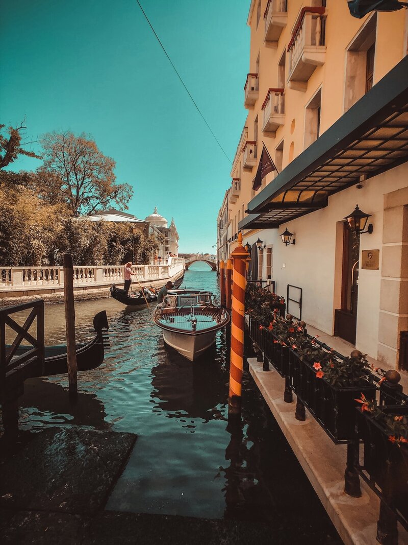 outside of a hotel in venice by a canal