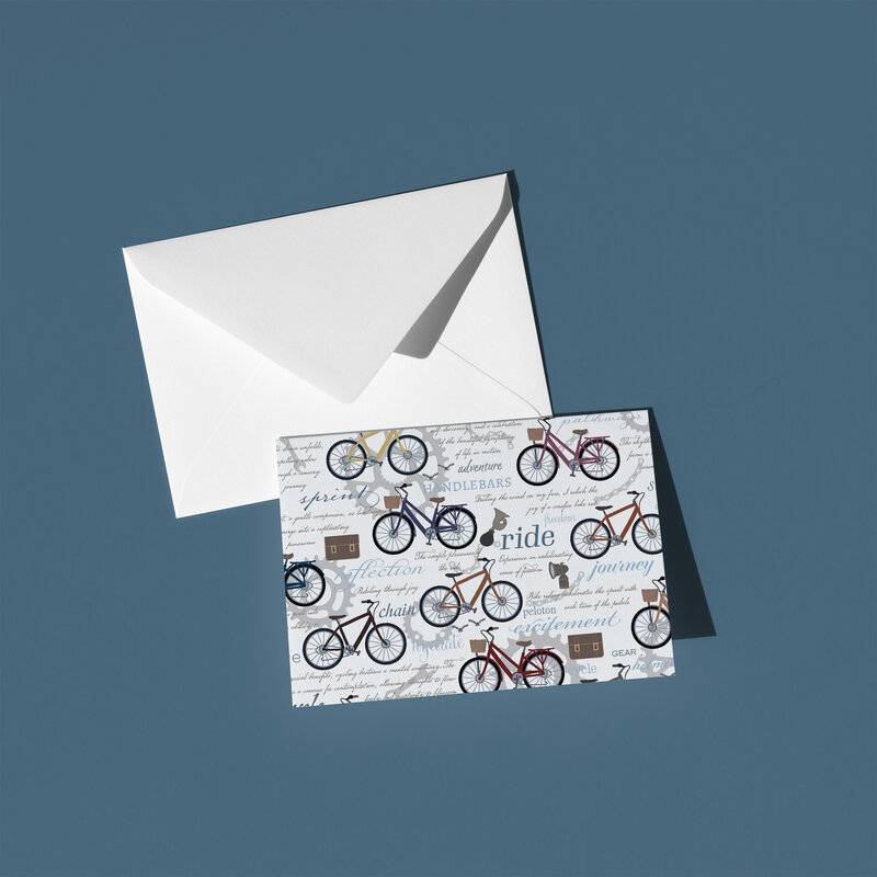 These A6 blank cards are perfect for sending a thoughtful note or simply keeping in your stationery drawer for special moments. Each card showcases a unique hand-drawn design - bicycles. - by Green Acre Designs.