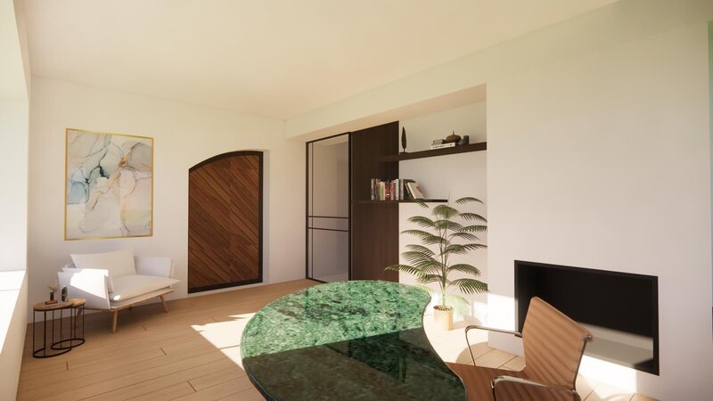 te Genk bureau met recup oude poort haard en steellook deur