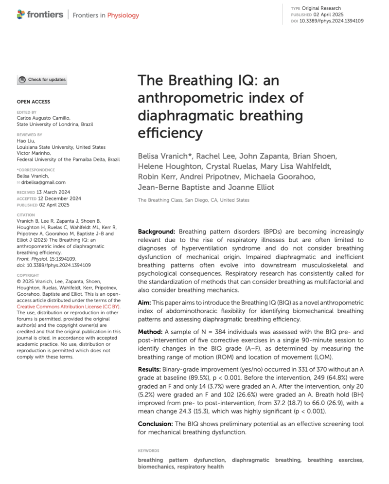 The Breathing IQ: An Anthropometric Index of Diaphragmatic Breathing Efficiency by Dr. Belisa Vranich and Rachel Lee