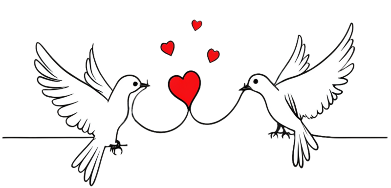 Captivating one-line drawing of two birds holding a heart on a string, symbolizing unity and love in matrimonial bliss.