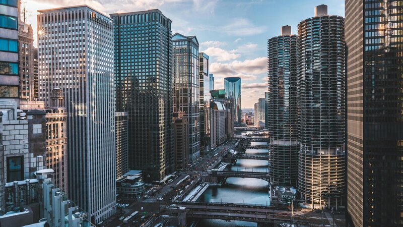 Downtown Chicago skyline with the river and bridges, symbolizing Tempest Law's corporate legal focus