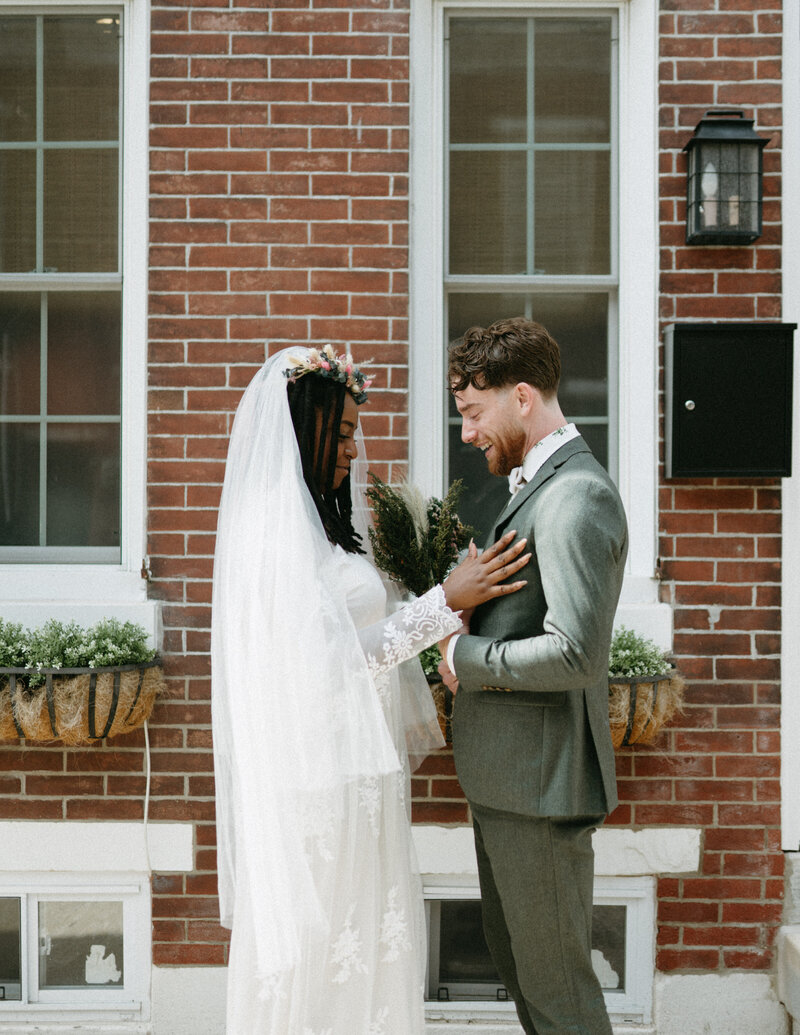 bride and groom first look in Fishtown, Philadelphia, PA