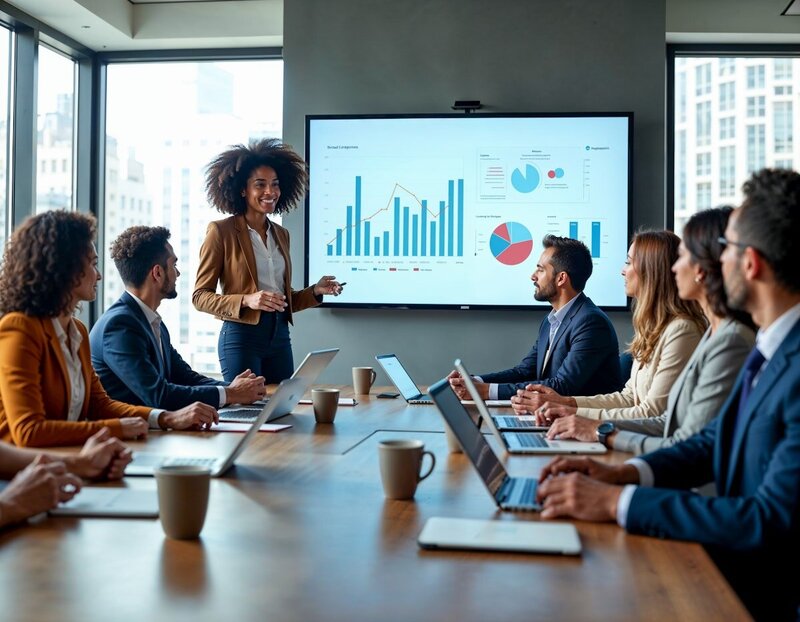 Woman presenting a PowerPoint during a meeting.