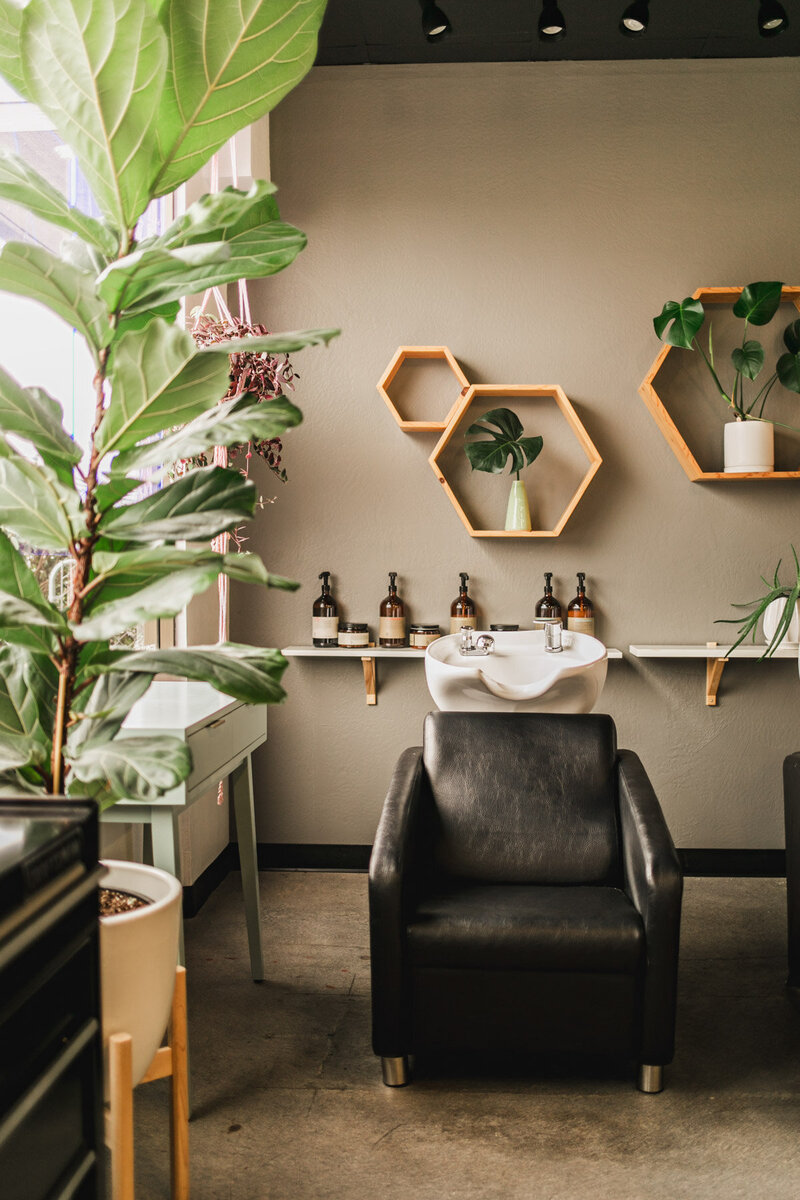 A hair salon shampoo station featuring a chair and sink, wooden octagon shelves with houseplants, and hair care products, representing a salon booth rental.