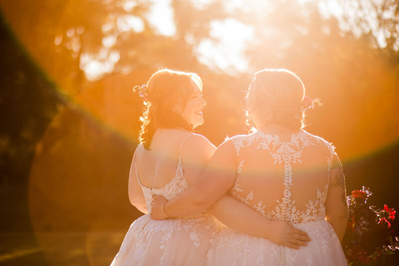 Bride and bride under the sunset