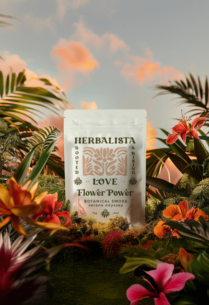 A package of Herbalista Love Flower Power Botanical Smoke is showcased amidst vibrant tropical flowers and lush greenery. The eco-friendly packaging emphasizes the product's natural and holistic qualities, with the words "Rooted & Rising" displayed prominently. The soft pink and orange sunset sky in the background adds a serene and dreamy atmosphere to the scene.