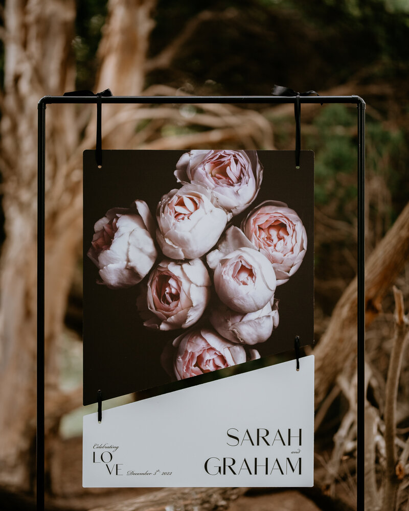 Pink and black wedding welcome sign with pink roses