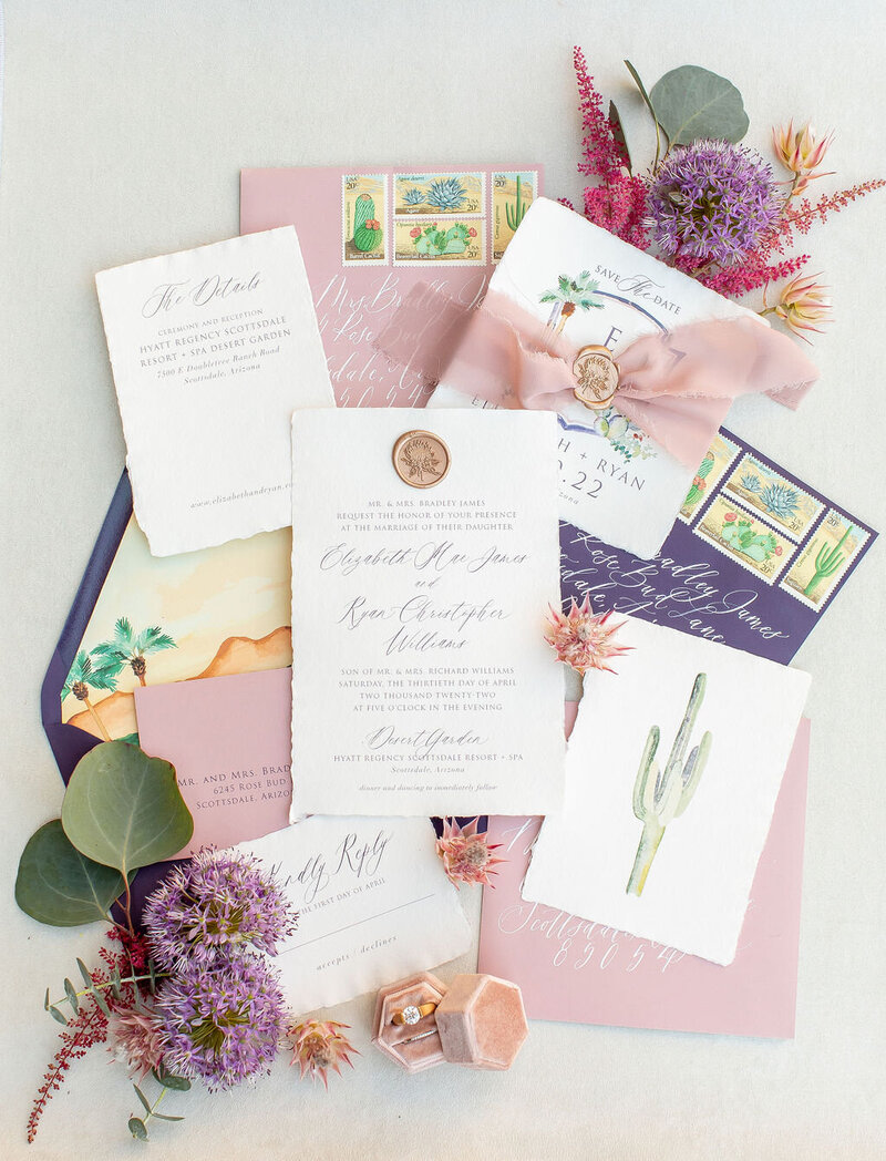 Watercolor accents desert inspired wedding invitations