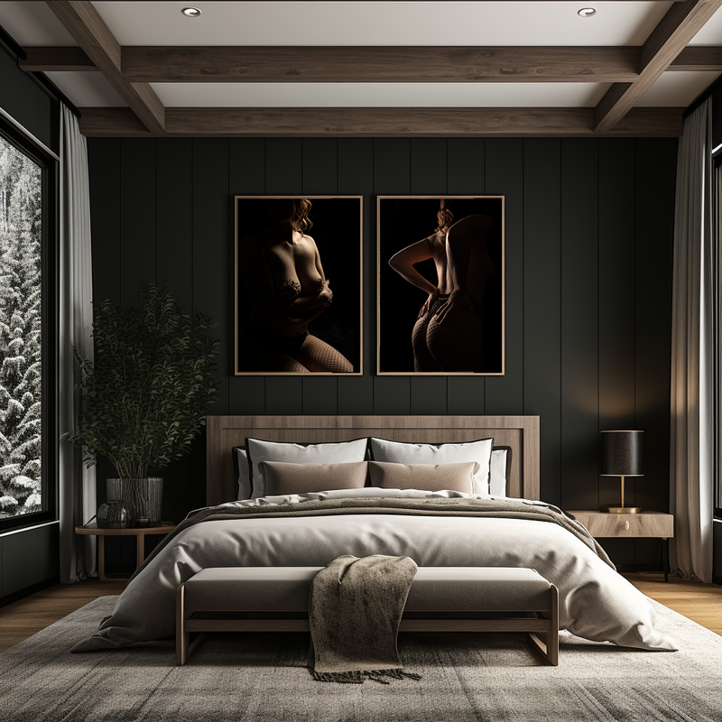 two example metal prints on a bedroom wall
