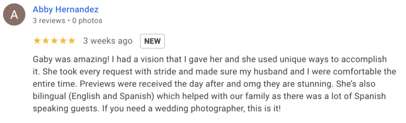 Five-star wedding photographer review from Abigail and Osniel, sharing their experience with Nexum Photography for their wedding day at The Garden Villa in Winter Park, Florida.