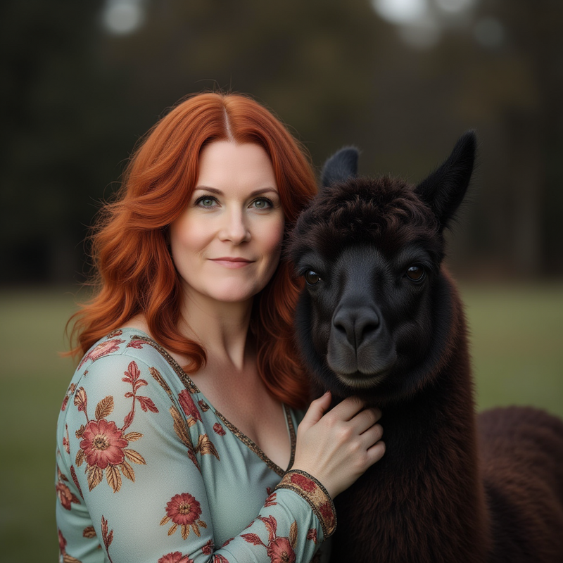 Kim Sayre with a chocolate brown  llama