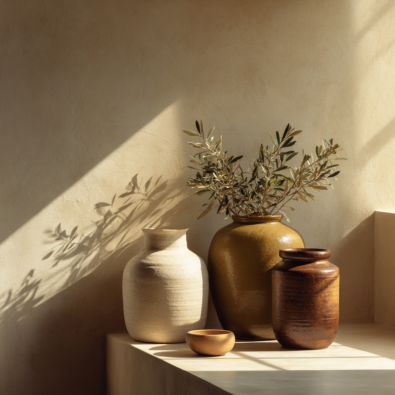 three olive jars sit as a still life with sun shining in from the window