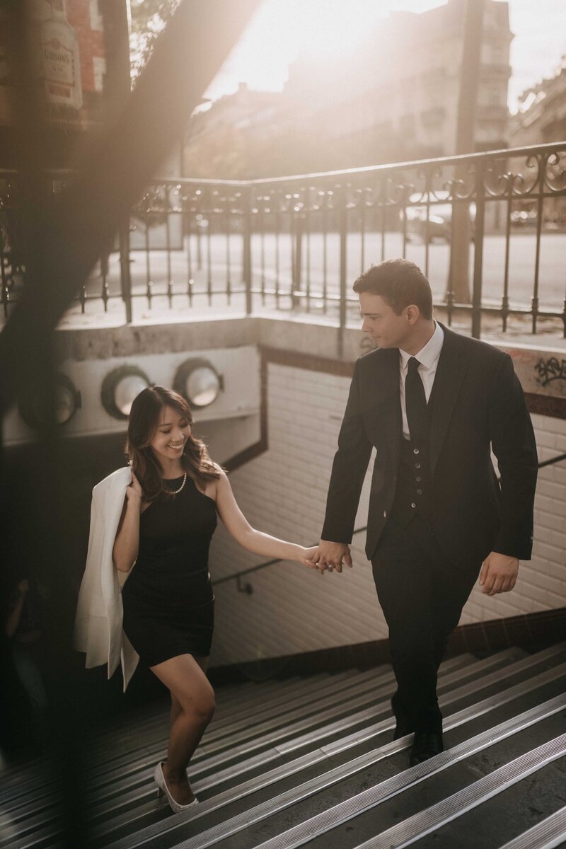 Elegant engagement portraits in Palais Royal garden in Paris