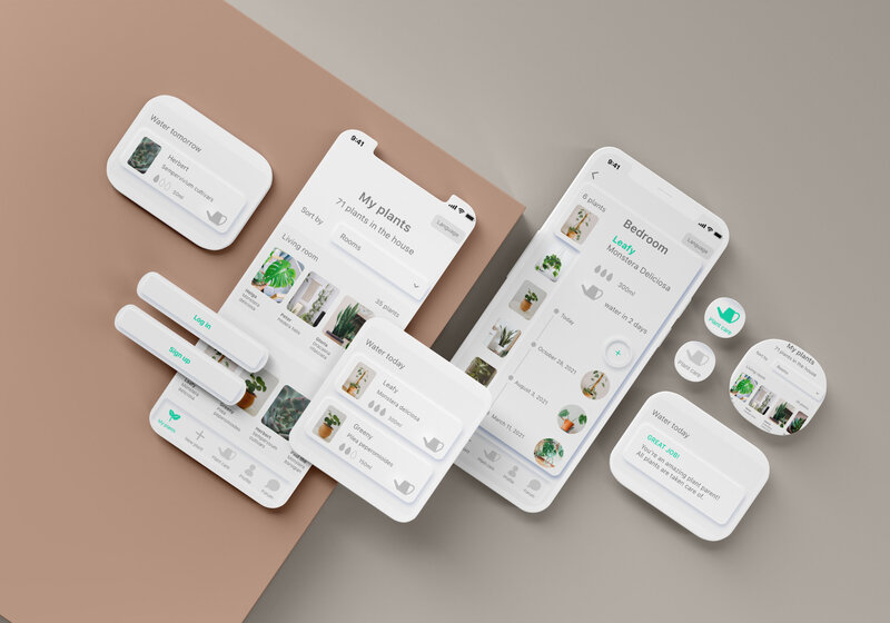 Flatlay der mobilen Version mehrerer Mockups einer Pflanzen-App