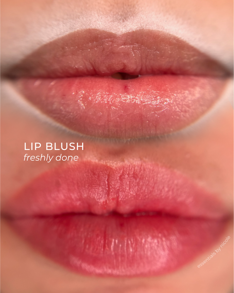 before and after of lip blush results at top rated permanent makeup salon, Essentials by Nicole.