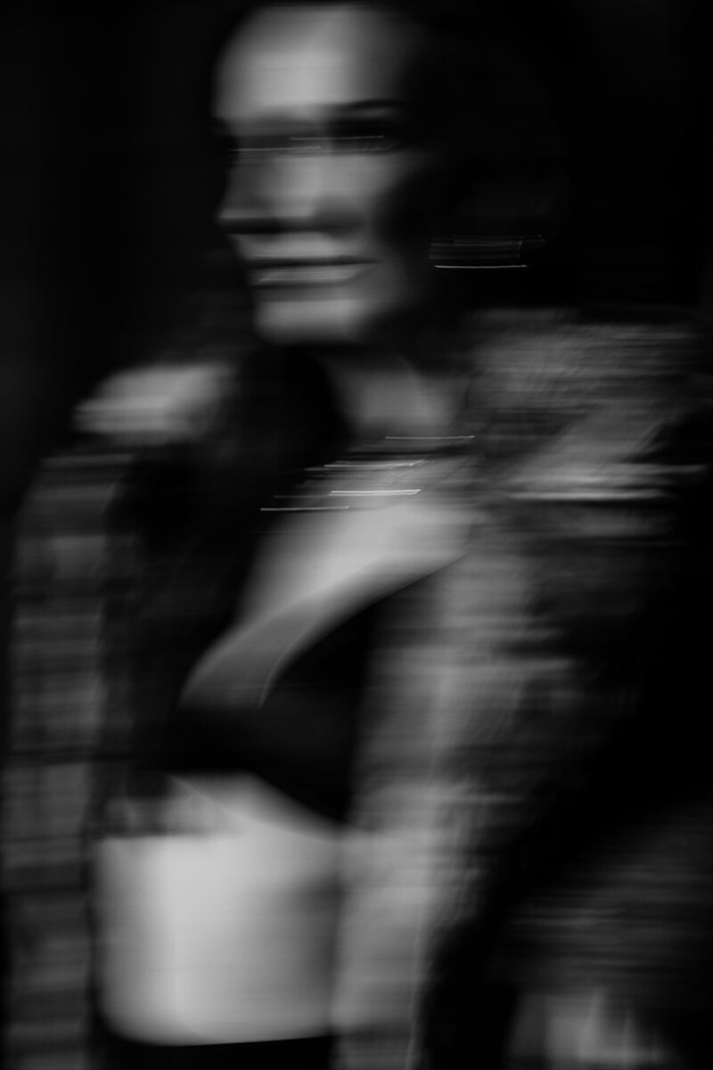 Blurry black and white photo of Juliet Trnka