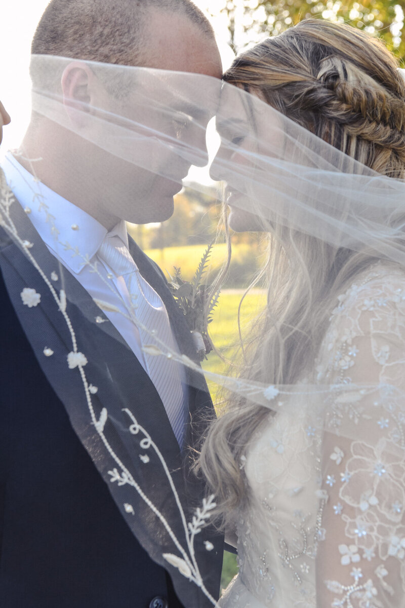 Bride and groom under a wedding veil