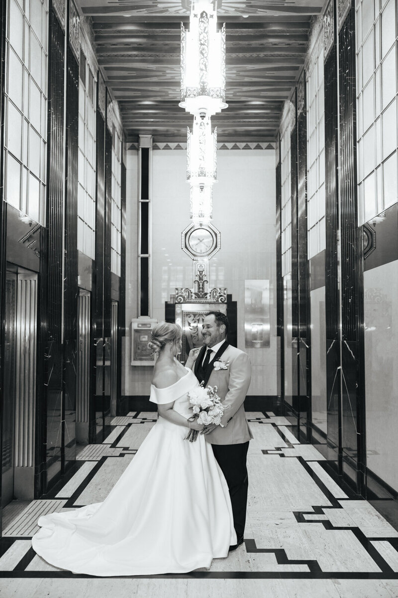 Black and white portrait of a bride and groom at The Carlisle Room