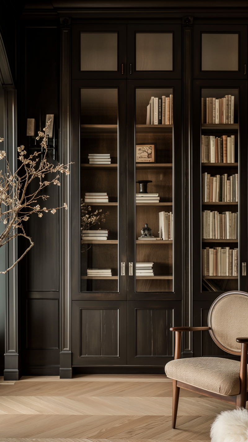 Black built in cabinet with glass upper cabinet door inserts with natural wood colored chevron floor pattern and single wooden padded chair