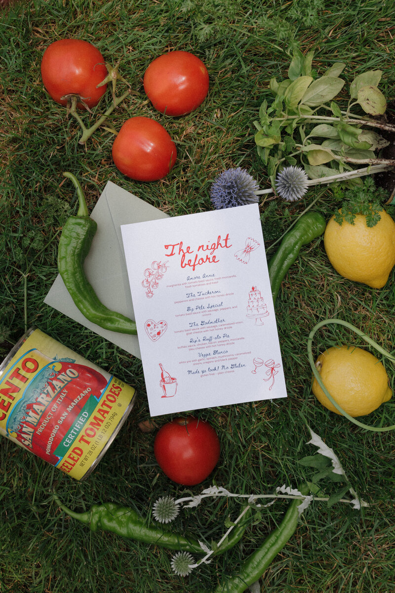 Close-up of a wedding menu with white flowers, representing luxury wedding photography details.