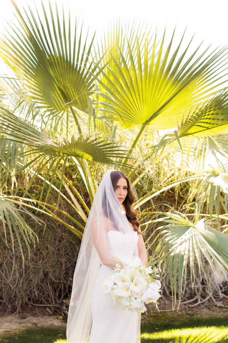Bride stands underneath large palm leaves while her veil covers part of her face