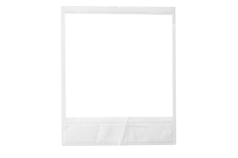 Minimalist white Polaroid frame featuring a behind-the-scenes photo.