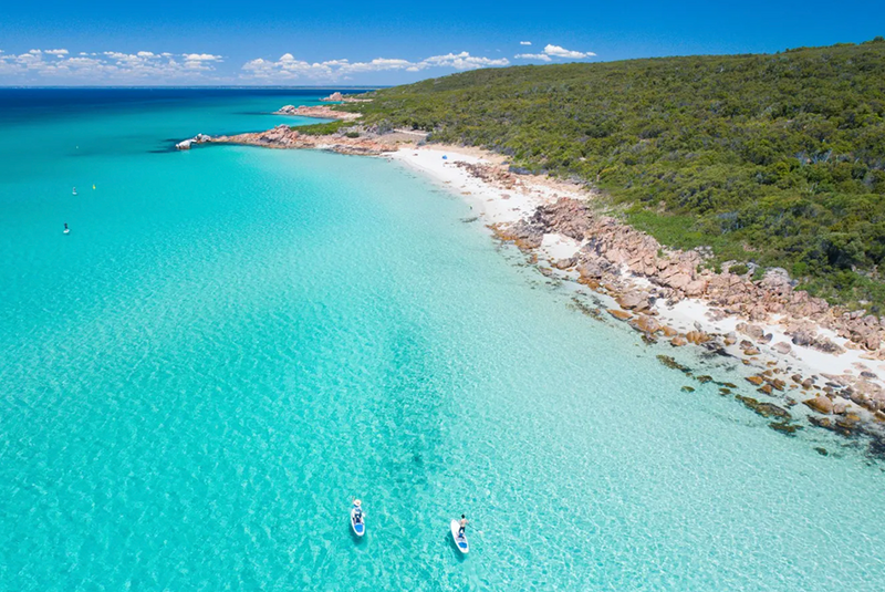 Two paddleboarders on crystal clear blue green ocean near the coast on Bunker Bay