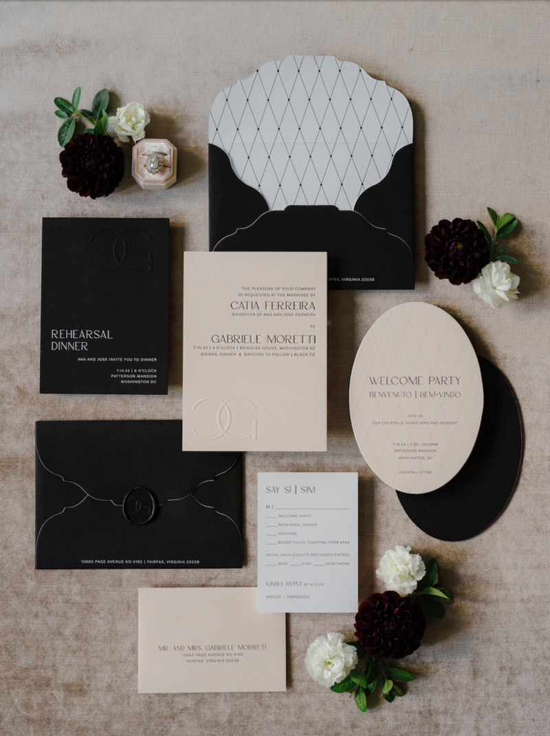 Modern wedding invitation suite black blush typography