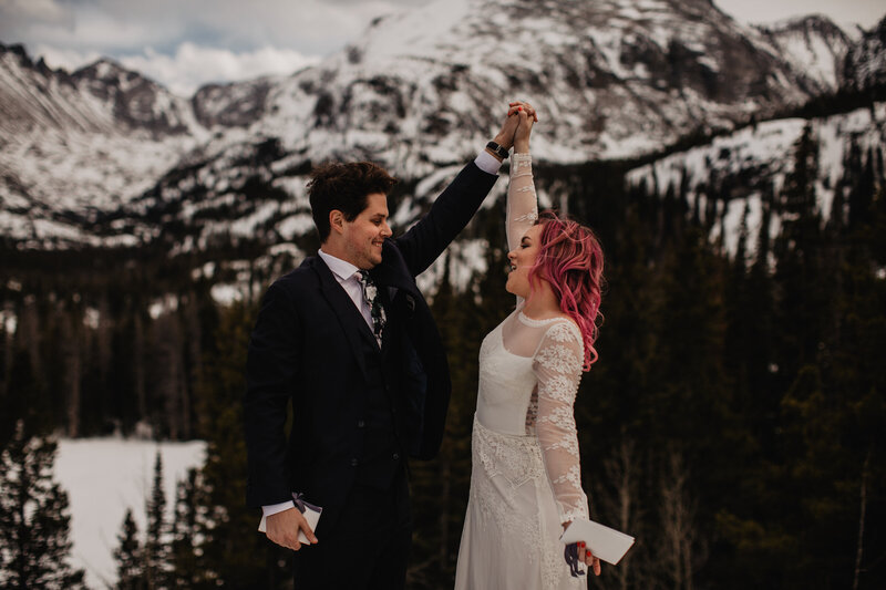Wedding ceremony on Bear Lake trail for a Colorado elopement at Rocky Mountain National Park