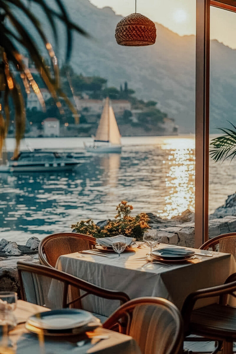 Couples’ lakeside dinner on Lake Como with golden sunset and sailboat in the background.