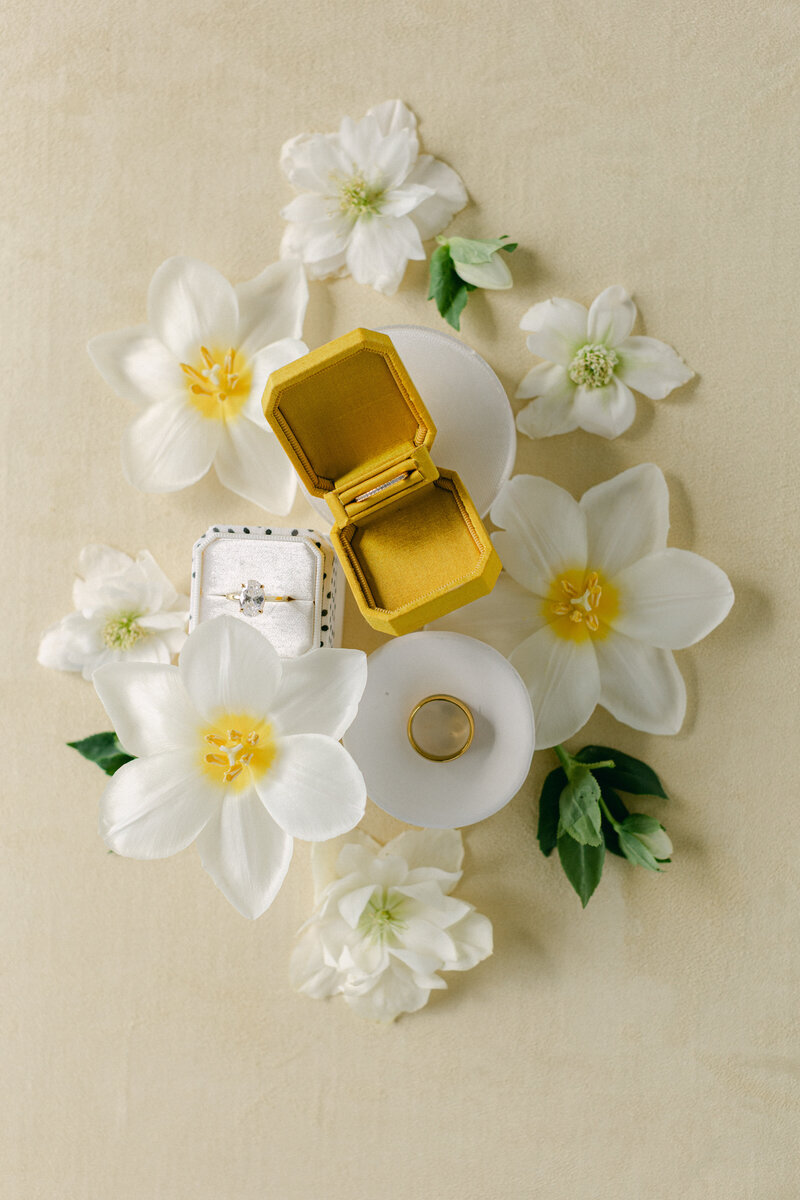 Yellow suede styling mat for cheerful wedding flat lays with pastel accents