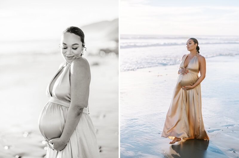 An expectant mother strolls through the surf during her maternity session with Daniele Rose Photography