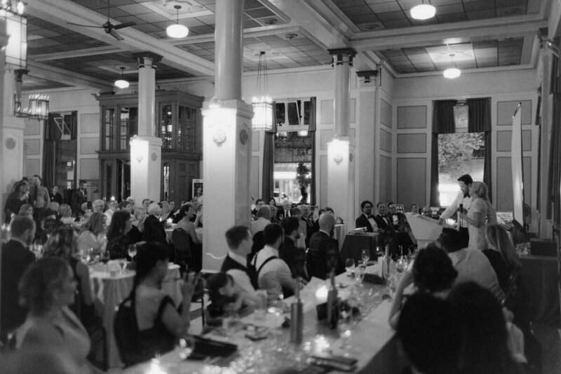couple giving a speech during wedding reception at heritage hall in vancouver