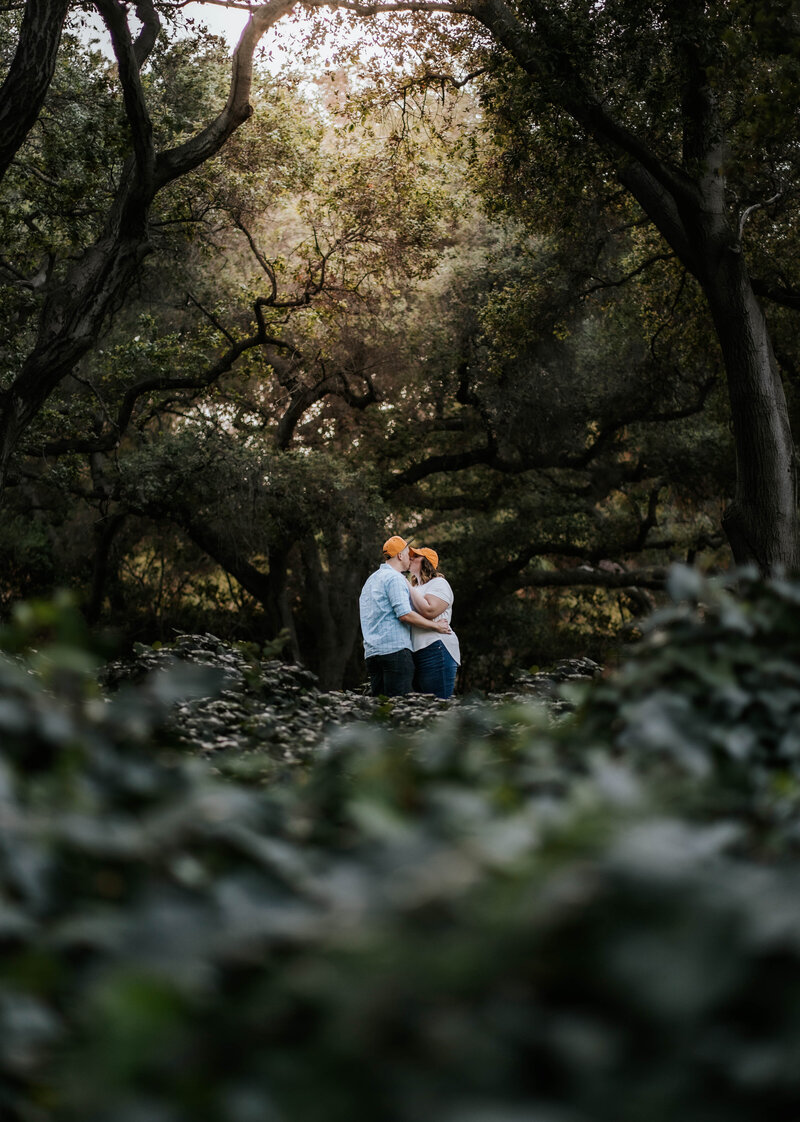 A couple kissing in a forest under the glow of a warm lit sky