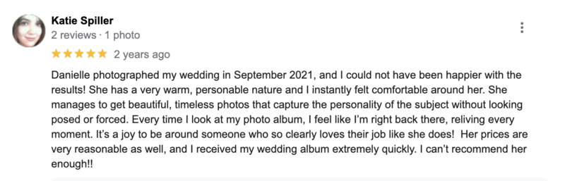 review posted on Google for Alexandria VA wedding photographer