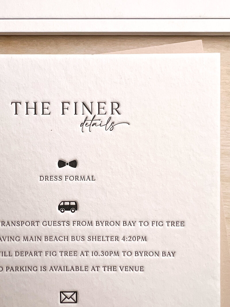 Luxury sophisticated letterpress wedding  details card close up - Chelsea