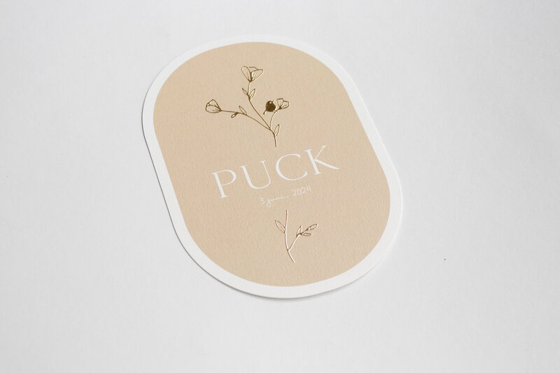 Ovaal-geboortekaartje-Puck-in-beige-met-goudfolie-takje-3